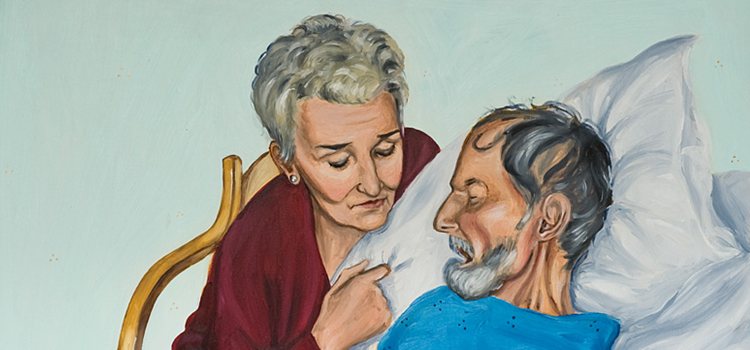 Painting by Anne Peter Snell - showing a wife caring for her husband at the end of life