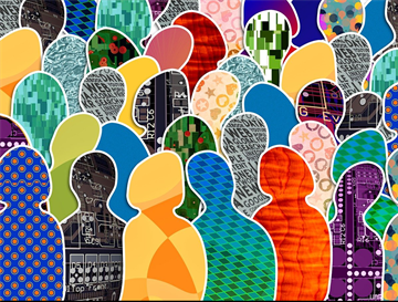A graphic with the outlines of people with different colourful elements inside each silhouette