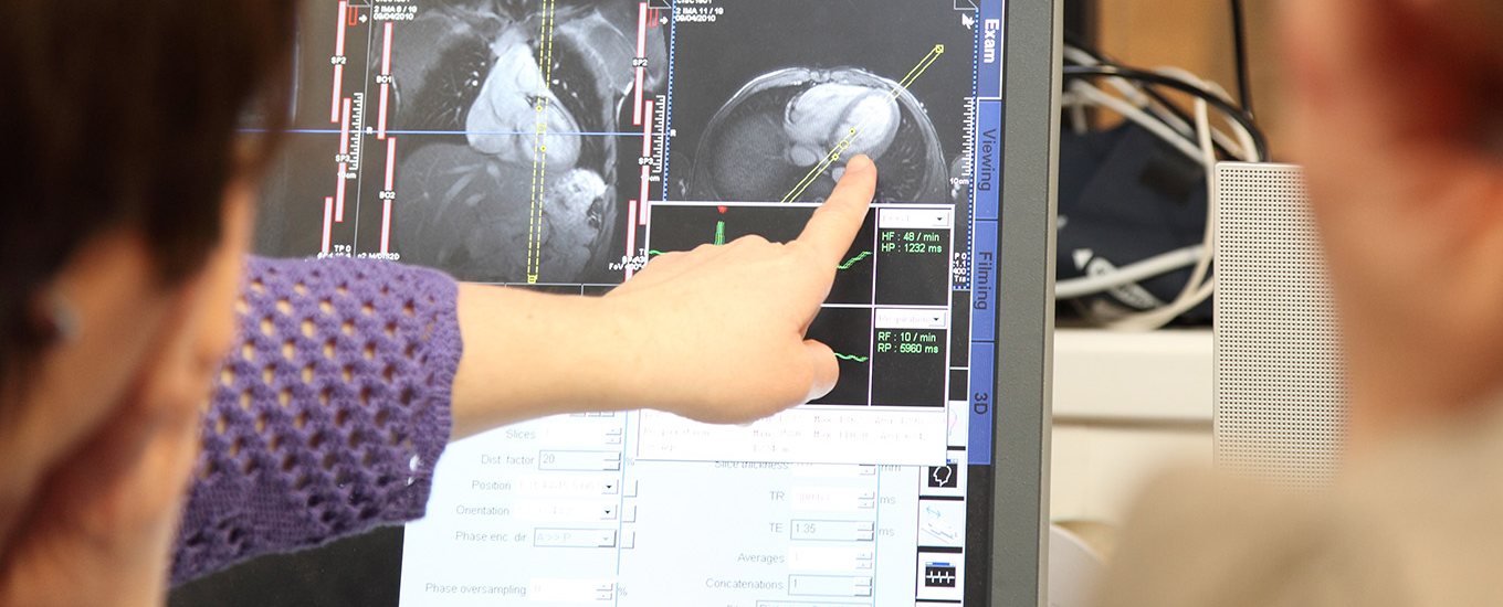 student pointing at clinical radiology scan