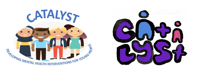 Two CATALYST logos, the left shows 4 illustrated people smiling with CATALYST written above the right logo shows the word CATALYST written in purple bubble writing
