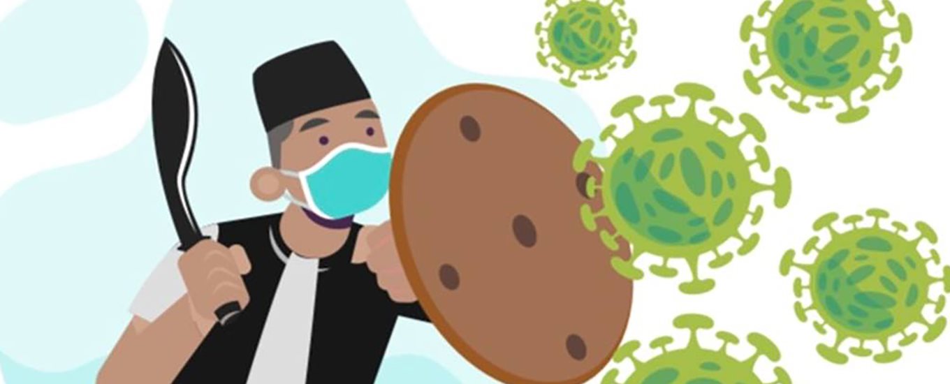 Illustration of an Indian man wearing face masks and battling covid cells