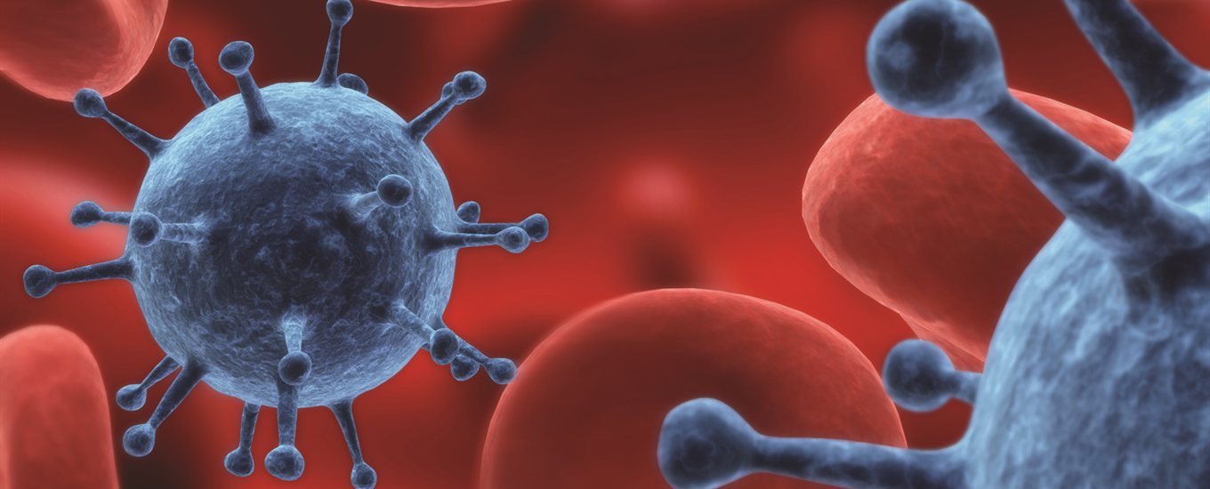 microscope image of virus and red bloodcells in bloodstream