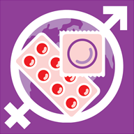 Illustrated purple image showing a packet of pills and a condom within a circular male and female symbol