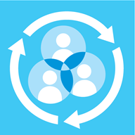 Illustrated blue image showing people grouped together inside a circle, with arrows pointing clockwise around the edge
