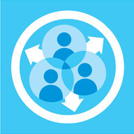 Illustrated blue image showing people grouped together inside a circle, with arrows pointing outwards