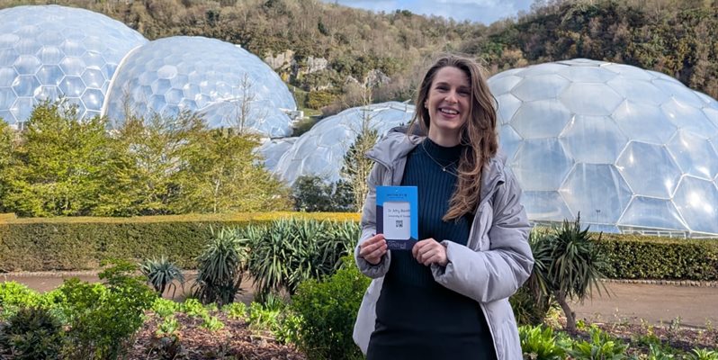 A photo of Amy Booth BSMS researcher outside the Eden Project