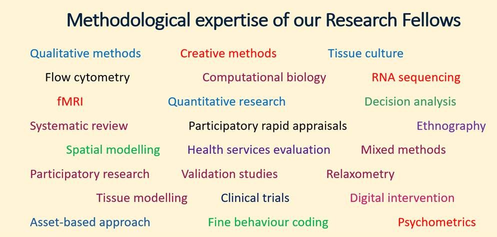 A graphic showing keywords to demonstrate the methodological expertise of our early career researchers, including creative methods, research, tissue culture and clinical trials