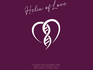 A purple book cover which reads Helix of love with a white heart with dna in the middle