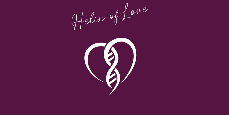 A purple book cover which reads Helix of love with a white heart with dna in the middle