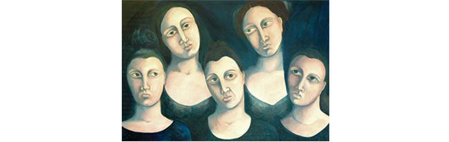 Painting: Woman's Head as Jug - showing the faces of 5 different women