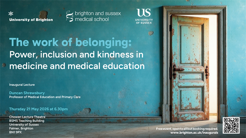 A photo of a room with an open door, with light filling the open space, and text: Inaugural lecture from Professor Duncan Shrewsbury The work of belonging: Power, inclusion and kindness in medicine and medical education