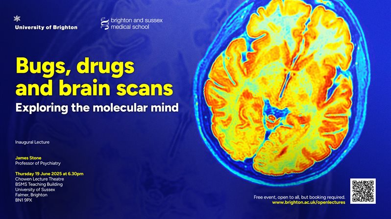 A photo of a brain scan on a blue background with the text: Bugs, drugs and brain scans: Exploring the molecular mind