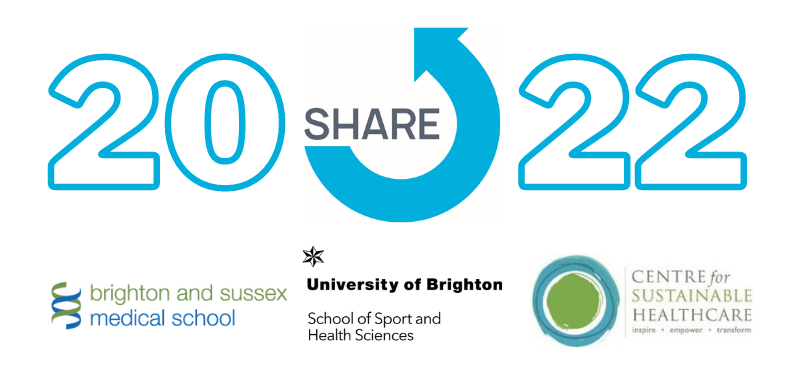 SHARE 2022 conference graphic with logos for BSMS, uni of Brighton and the centre for sustainable healthcare