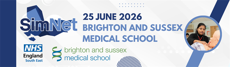A blue and white banner promoting the 2026 SimNet conference. The banner features the SimNet, BSMS and NHS logos; the conference date: 25 June 2026, and a photo of a woman looking at a simulation mannequin.