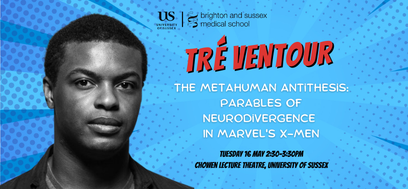 Image of Tre Ventour with title of talk and date written next to it on blue background