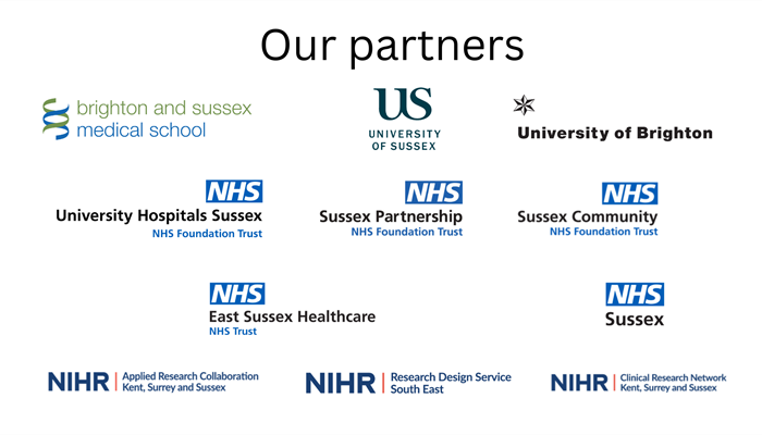 A graphic with multiple logos on to represent the partners of the health research partnership, including the universities of sussex and brighton, BSMS, NHS and NIHR
