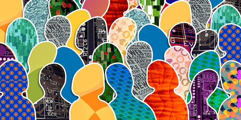 A graphic with the outlines of people with different colourful elements inside each silhouette