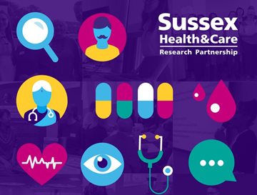 Improving Lives Together Through Research Logo which shows various health related illustrations (pills; heart rate; doctor) on a purple background
