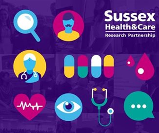Improving Lives Together Through Research Logo which shows various health related illustrations (pills; heart rate; doctor) on a purple background