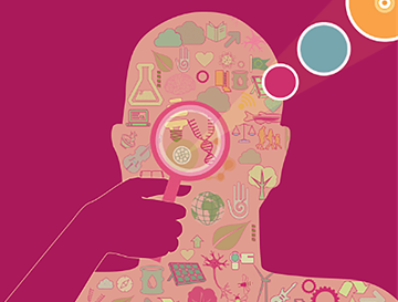 A purple banner with an outline of a human with cogs and colourful circles