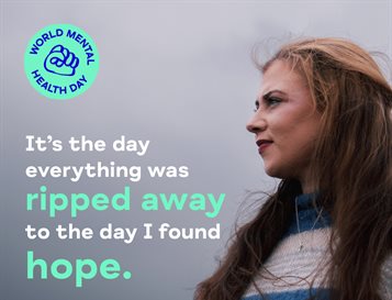 A photo to mark World Mental Health Day, showing a woman with long hair standing in nature and looking into the distance, with the World Mental Health Day logo and MIND charity logos featured at the top and bottom of the image respectively.