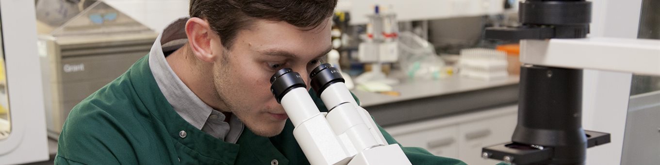 A researchers in a green lab coat looks through a white microscope in a laboratory at BSMS