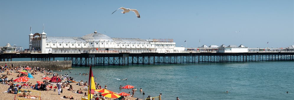 People sitting on Brighton beach in the summer with the Pier in the background
