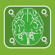 A green graphic of a brain with four cogs sitting around it