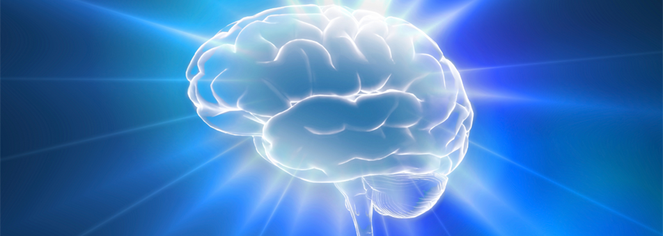 A white glowing brain image on a blue background