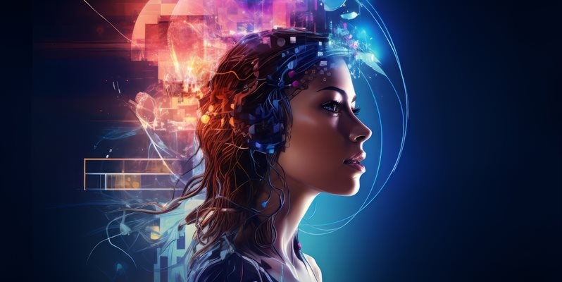 An ai generated image of a woman side on with a blue background and graphic elements near her brain