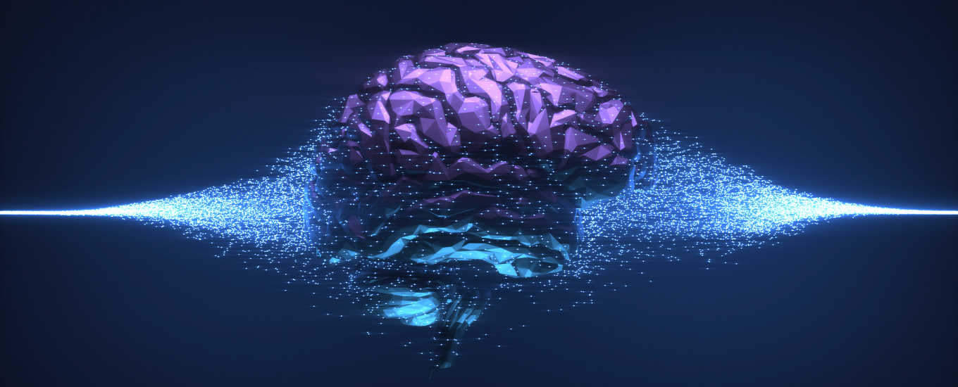 A purple brain with light dots running through it on a dark blue background