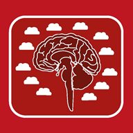 A red graphic of a brain surrounded by clouds