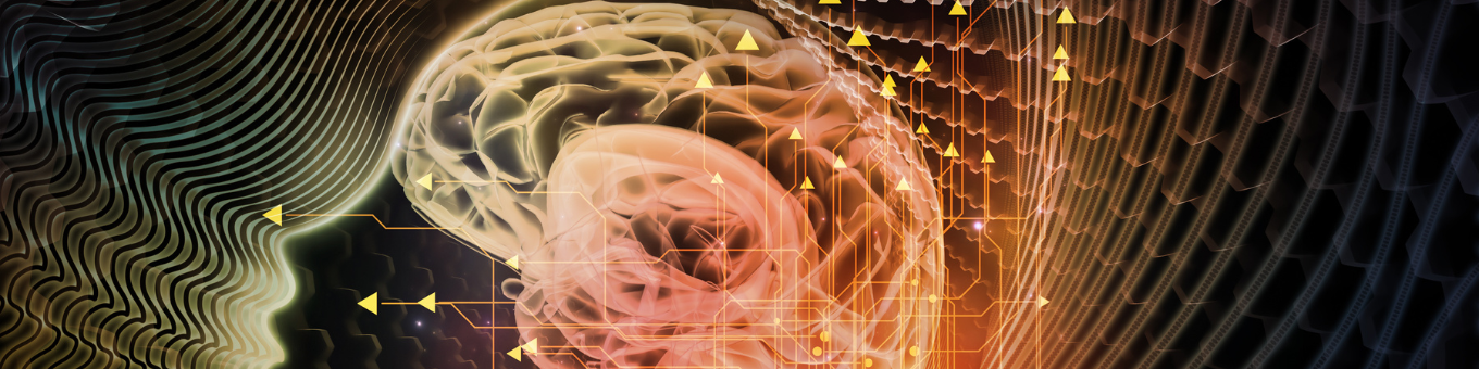 A silhouette of a side profile showing abstract thoughts within the brain