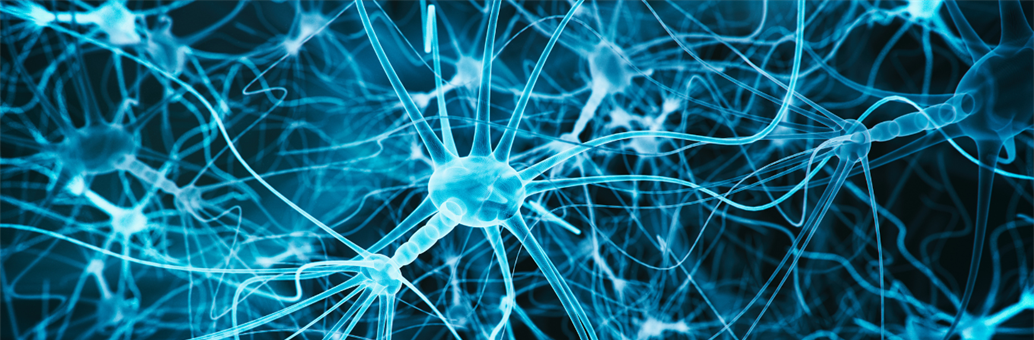 Blue neurons and synapses on a dark background