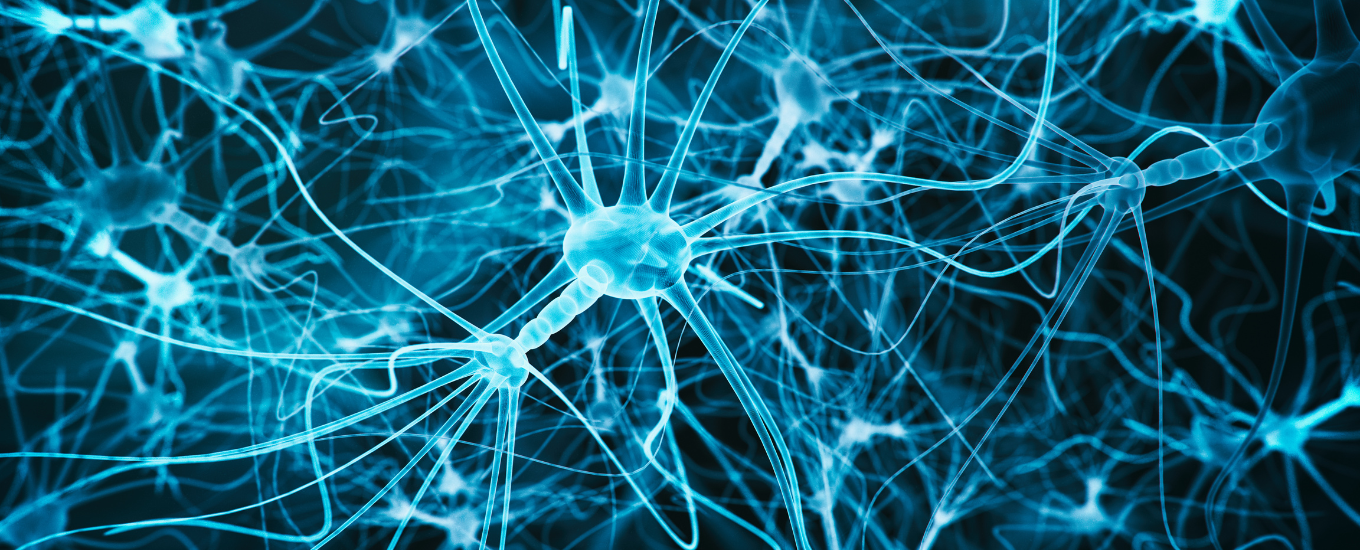 Blue neurons and synapses on a dark background