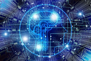 Blue graphical image showing the outline of a head and brain overplayed over some graphical representations of computer circuit boards