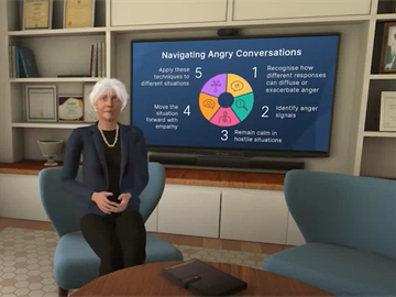 Virtual reality image of a woman sat on a chair in a living room