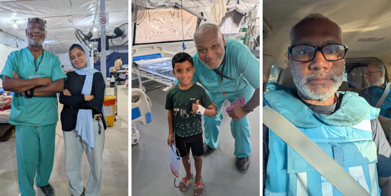 A montage of three images showing Martin Griffiths on a humanitarian mission in Gaza