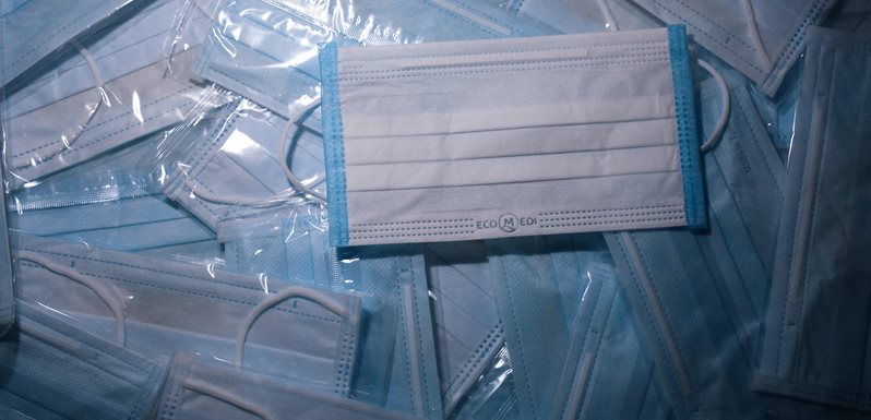 Facemasks in plastic wrapping