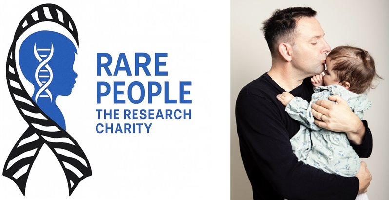A photo of Prof Rob Galloway and daughter Frankie next to the rare people charity logo