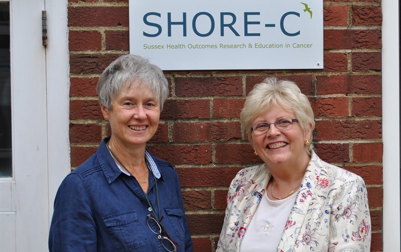 Val Jenkins and Lesley Fallowfield outside the SHOREC building at the University of Sussex