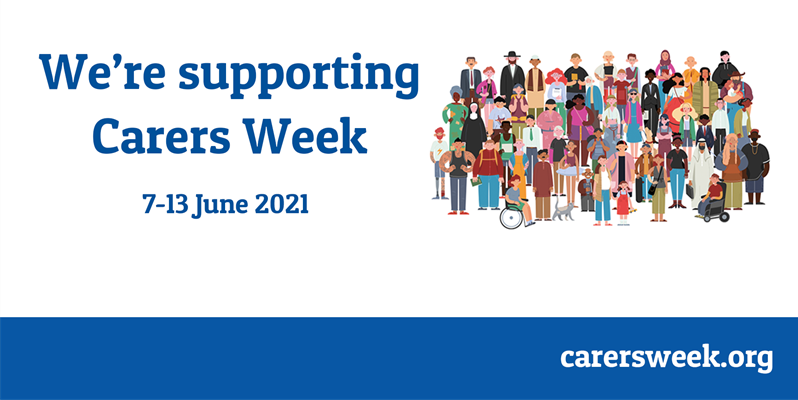 A white graphic with text that says we're supporting carers week