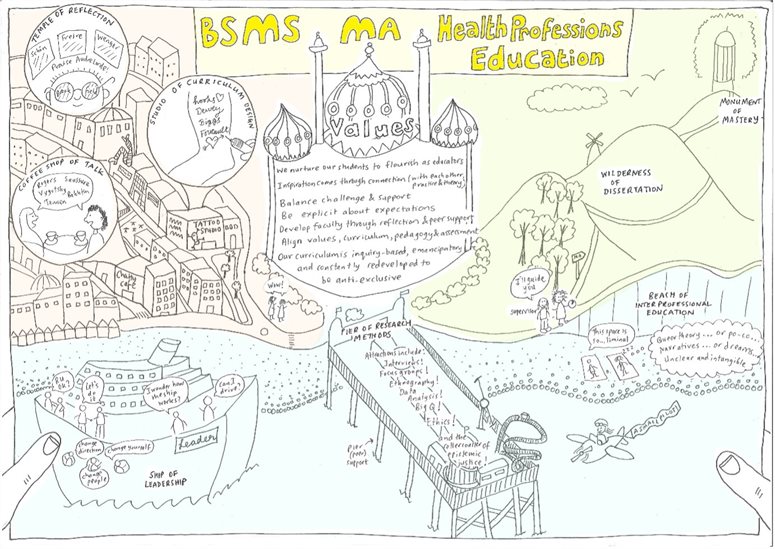 An illustration with several components mapping out visually the structure of the BSMS Medical Education PG course