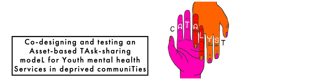 CATALYST logo showing a purple and orange hand placed together with the definition of CATALYST written out next to it
