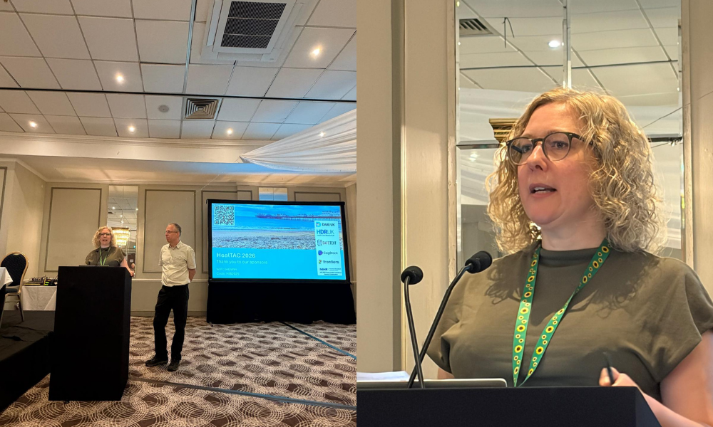Two side by side images of Liz Ford stood behind a podium speaking at a conference one from far away and the other close up