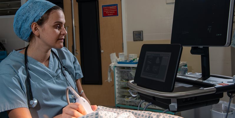 Heath care professional at work in a hospital setting wearing scrubs