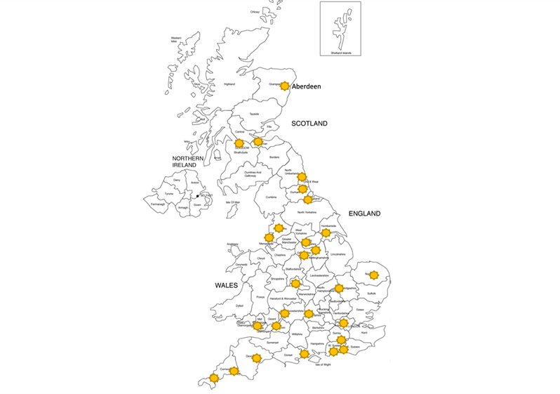 A map of the UK with yellow dots to show the REDUCe2 sites