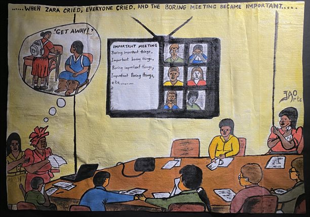 Painting from Gem Aellah&rsquo;s paper that shows people sat around a table and the wuote 'When Zara cried, everyone one cried. And the boring meeting became important' written on it