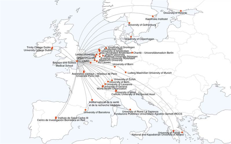 A map with lines from BSMS to other countries in Europe to show collaborations