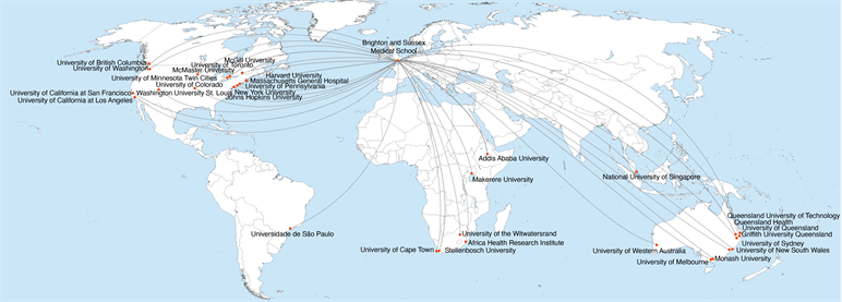 A map with lines from BSMS to other countries in the world to show collaborations